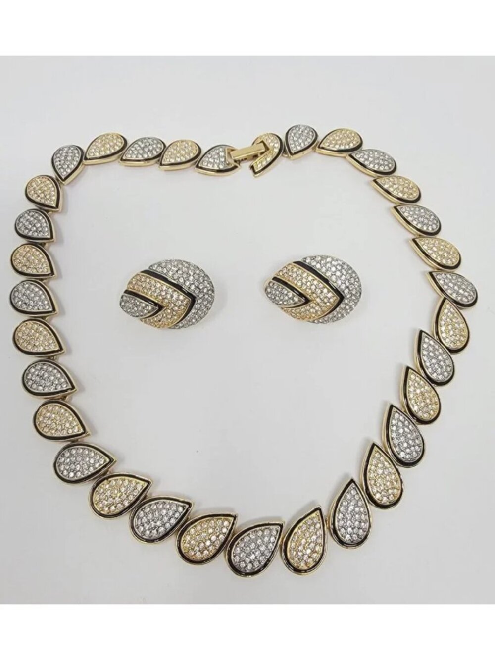 Butler Fifth Avenue Rhinestone Necklace Earrings Set Gold Silver Clip On